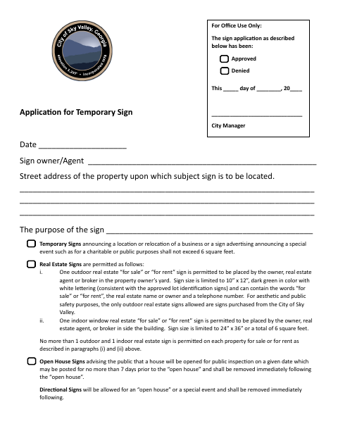First page of the Application for Temporary Sign