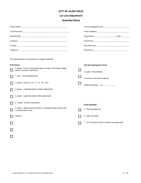 First page of the Lot Line Adjustment Submittal Sheet