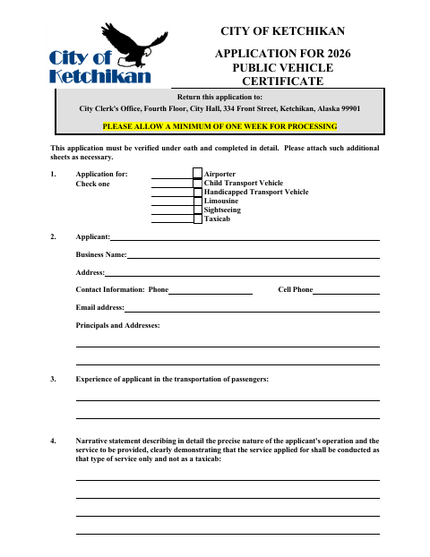 First page of the Public Vehicle Certificate Application