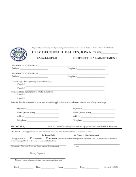 First page of the Parcel Split Property Line Adjustment Application