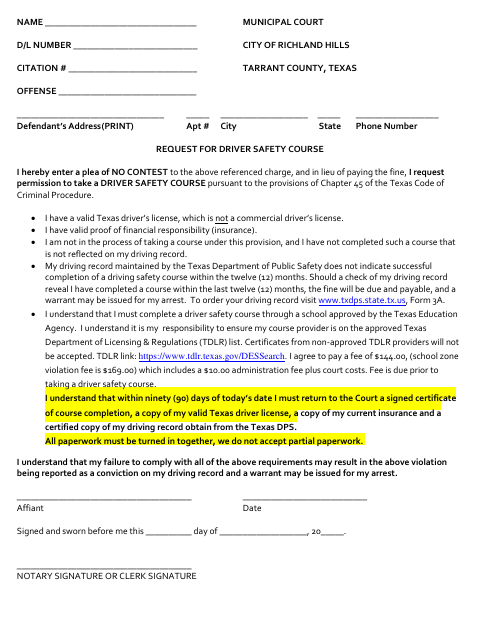 First page of the Request for Driver Safety Course