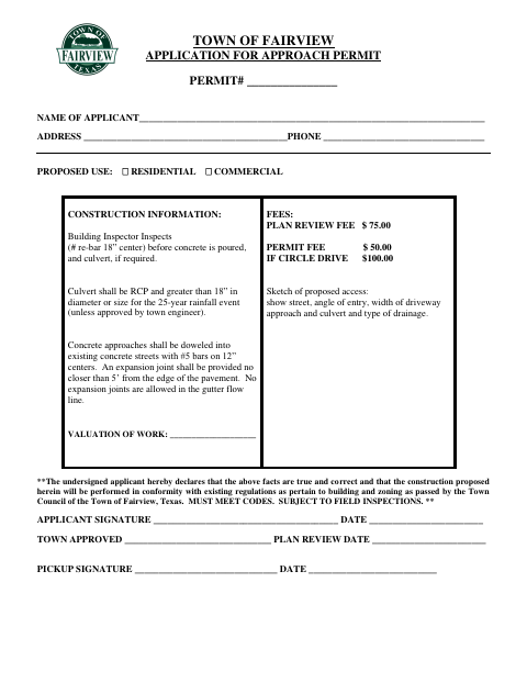 First page of the Application for Approach Permit