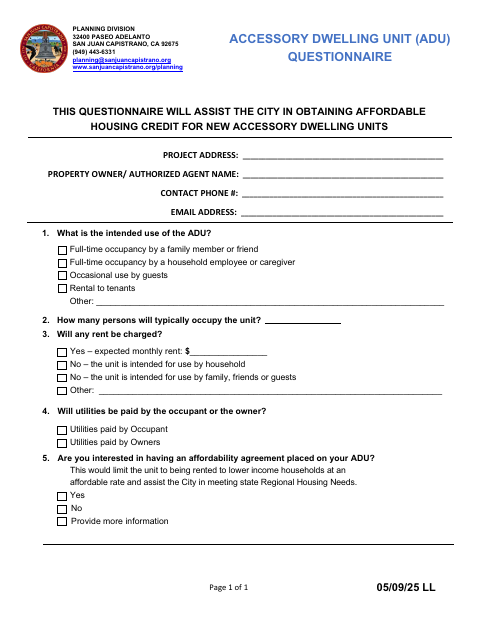 First page of the Accessory Dwelling Unit (ADU) Questionnaire