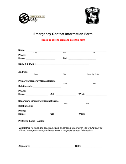 First page of the Emergency Contact Information Form