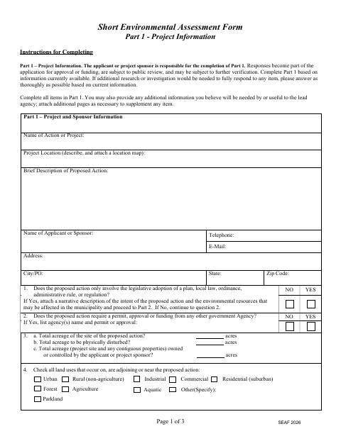 First page of the Short Environmental Assessment Form