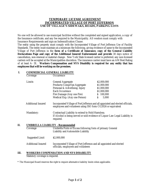 First page of the Temporary License Agreement