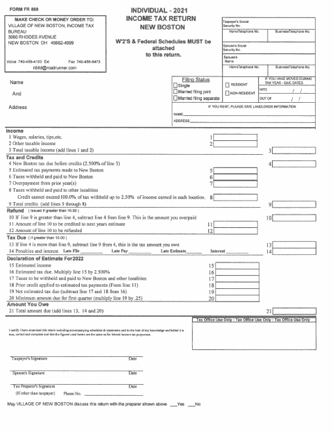 First page of the Form FR 869 Individual Income Tax Return 2021