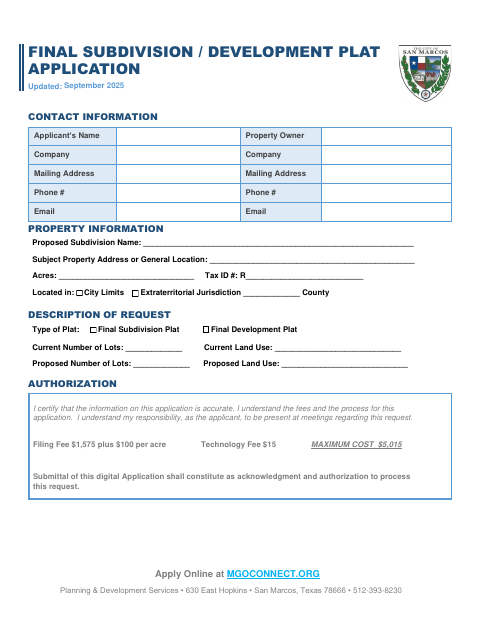 First page of the Final Subdivision / Development Plat Application