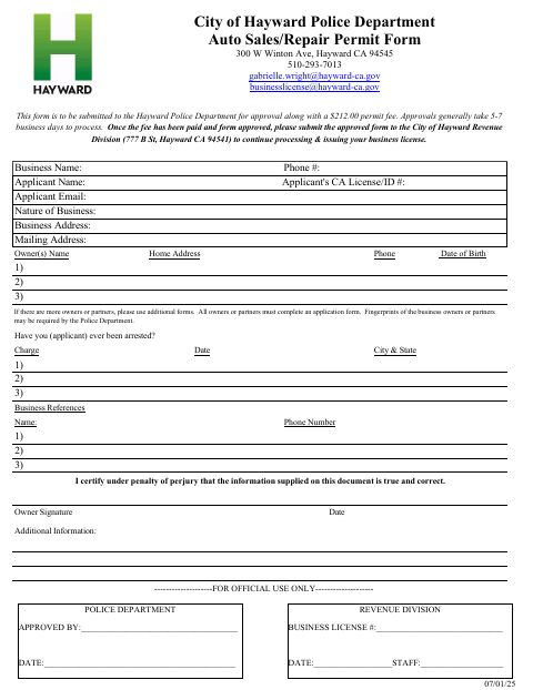 First page of the Auto Sales/Repair Permit Form