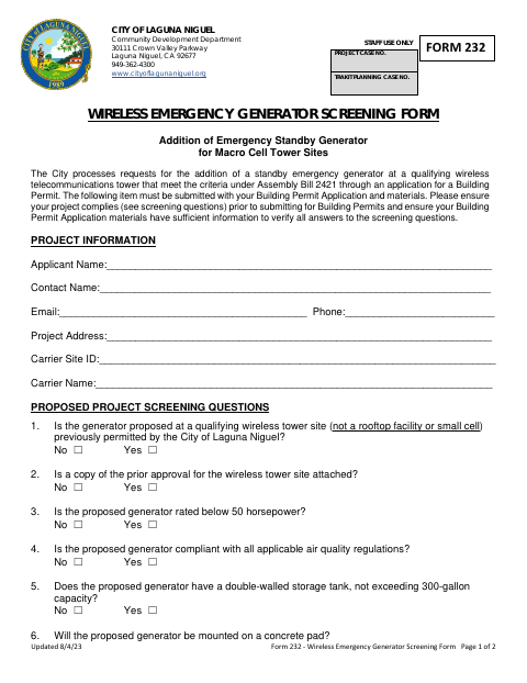 First page of the Wireless Emergency Generator Screening Form