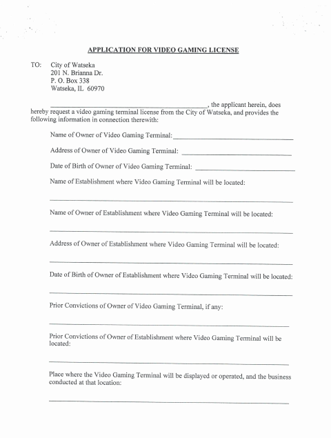 First page of the Video Gaming License Application