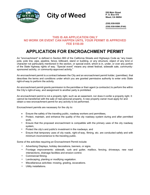First page of the Application for Encroachment Permit