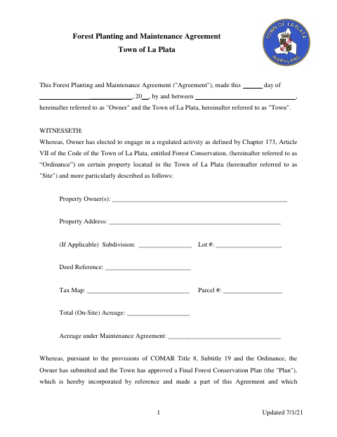 First page of the Forest Planting and Maintenance Agreement