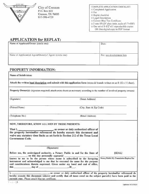 First page of the Replat Application