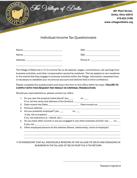 First page of the Individual Income Tax Questionnaire