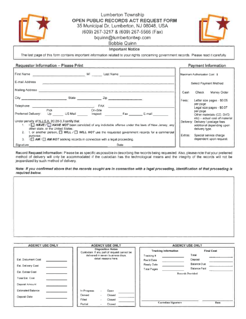 First page of the Open Public Records Act Request Form