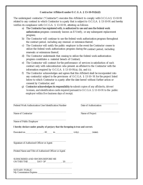 First page of the E-Verify Affidavit - Contractor