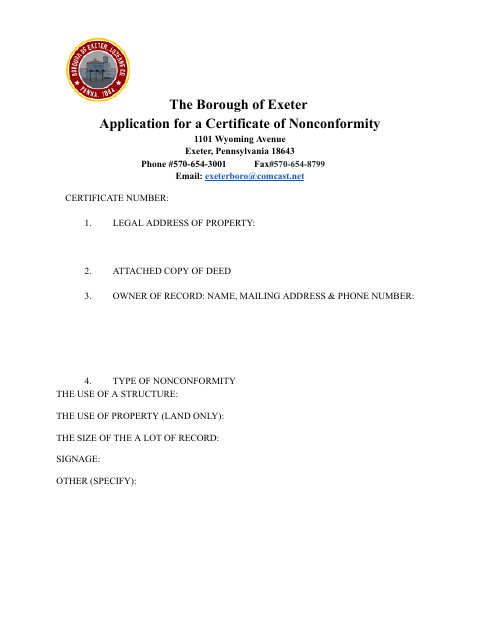 First page of the Application for a Certificate of Nonconformity