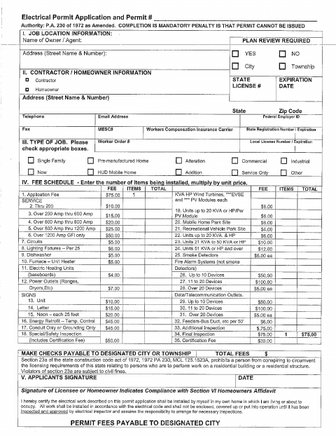 First page of the Electrical Permit Application