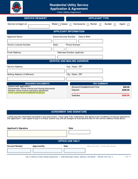 First page of the Residential Utility Service Application & Agreement