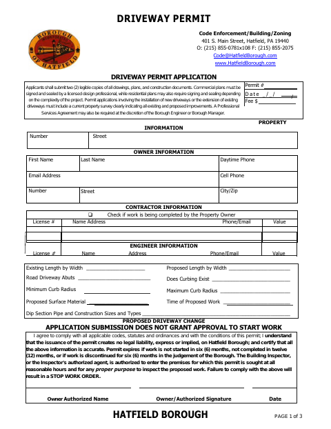 First page of the Driveway Permit Application