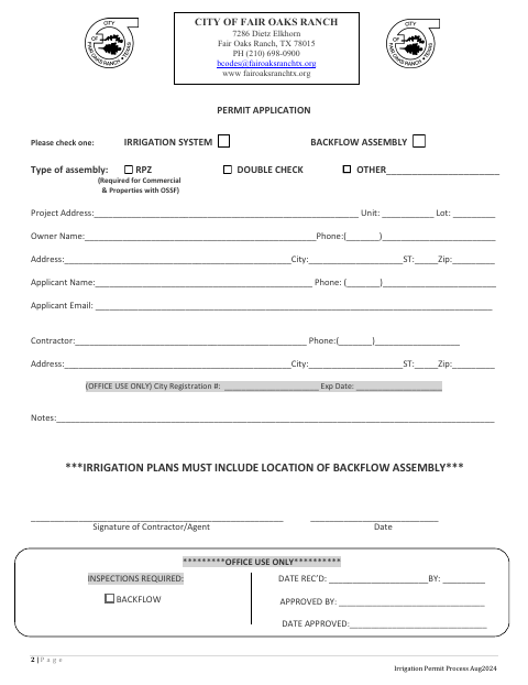 First page of the Irrigation Permit Application