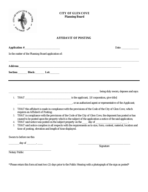 First page of the Planning Board Affidavit of Posting