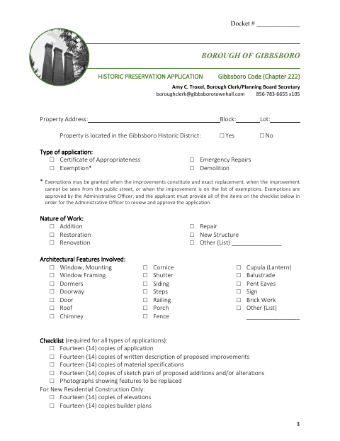 First page of the Historic Preservation Application