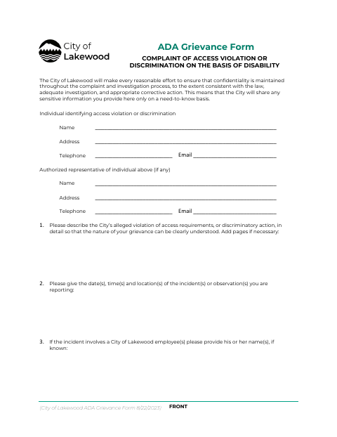First page of the ADA Grievance Form