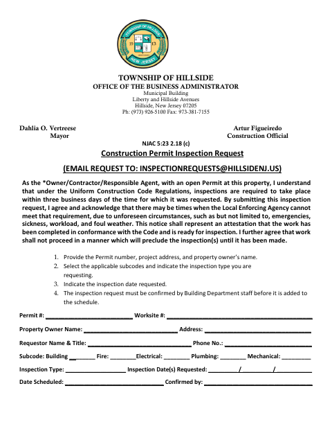 First page of the Construction Permit Inspection Request