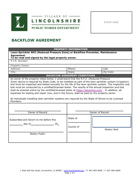 First page of the Lawn Sprinkler Backflow Agreement