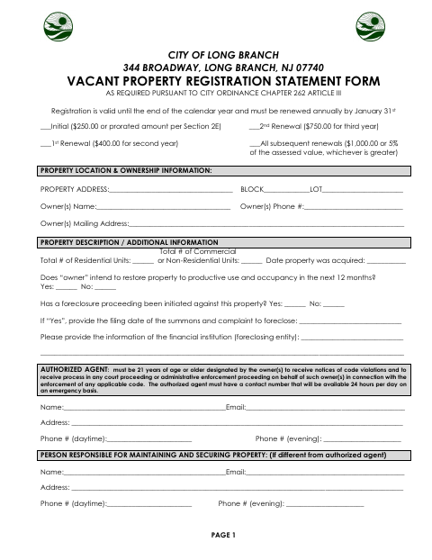 First page of the Vacant Property Registration Statement Form