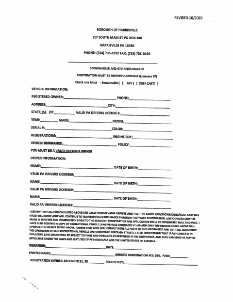 First page of the Snowmobile and ATV Registration