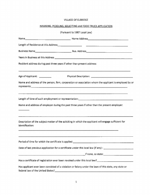 First page of the Hawking, Peddling, Soliciting and Food Truck Application