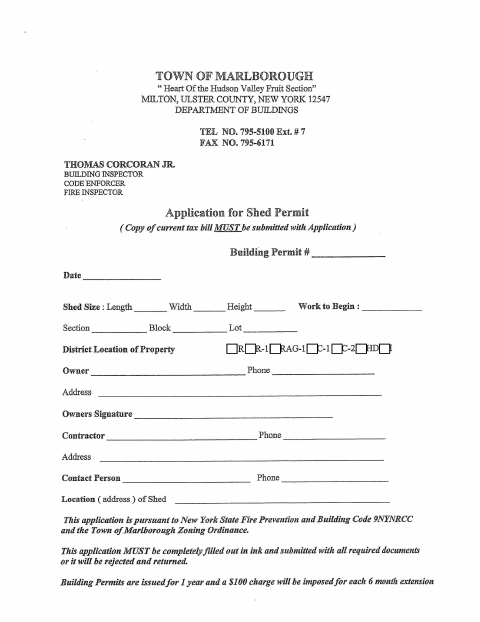 First page of the Application for Shed Permit