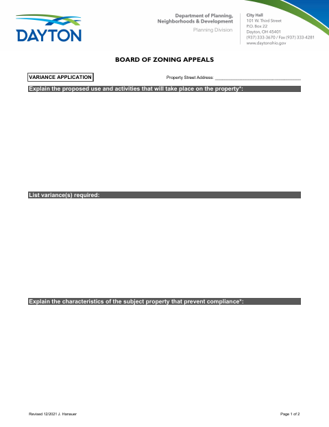 First page of the Board of Zoning Appeals Variance Application