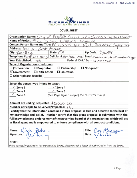 First page of the Summer 2026 Swim Lessons Grant Application With Sierra Kings Health Care District