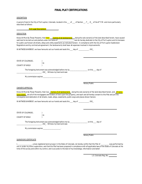 First page of the Final Plat Certifications