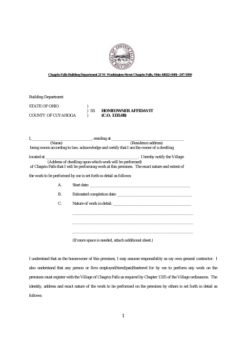 First page of the Homeowner Affidavit for Permits