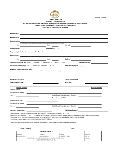 First page of the Business License Application
