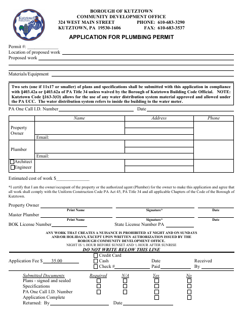 First page of the Plumbing Permit Application