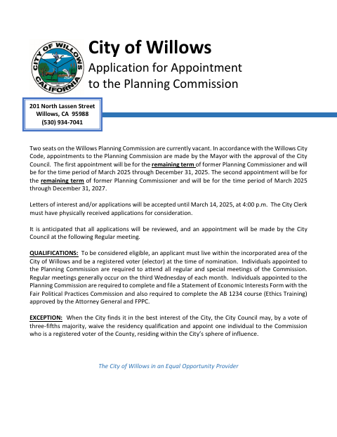 First page of the Application for Appointment to the Planning Commission