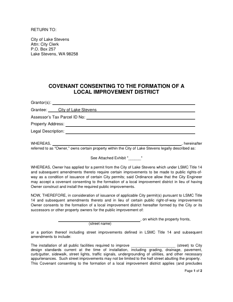 First page of the Covenant Consenting to the Formation of a Local Improvement District