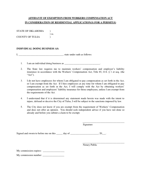 First page of the Affidavit of Exemption from Workers Compensation