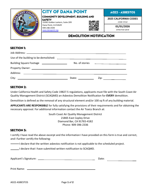 First page of the Asbestos Demolition Notification Form