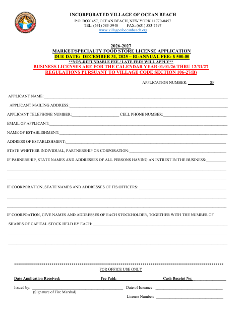 First page of the Market/Specialty Food Store License Application