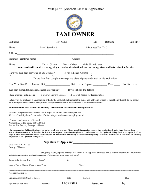 First page of the Taxi Owner License Application