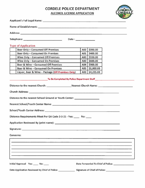 First page of the Alcohol License Application Packet