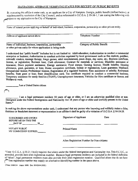 First page of the Public Benefits Receipt Affidavit