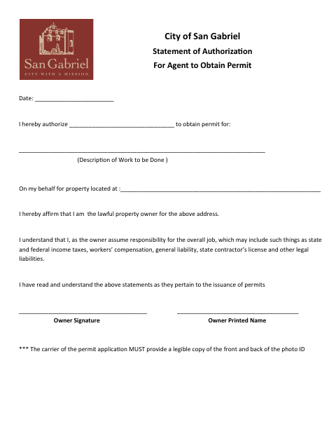 First page of the Statement of Authorization for Agent to Obtain Permit